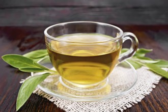 Herbal tea with sage in a glass cup on burlap against a dark wooden board