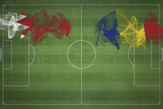 Bahrain vs Romania Soccer Match, national colors, national flags, soccer field, football game,
