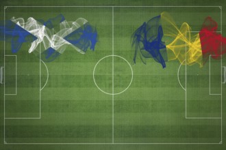 Scotland vs Romania Soccer Match, national colors, national flags, soccer field, football game,