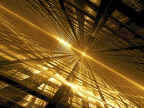 Golden fractal background with diagonal inlined surface, grid and glowing lines and curves like