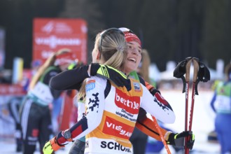 At the finish Nathalie Armbruster (SZ Kniebis) fairly congratulates the day's winner and World Cup