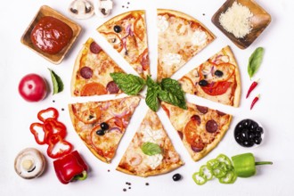 Selection of Assorted pieces pizza on white background and ingredients. Pepperoni, Vegetarian and