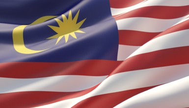 Waved highly detailed close-up flag of Malaysia. 3D illustration