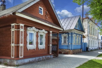 Street with historical houses in Gorodets, Russia