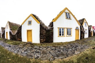 Traditional houses with grass-covered roofs and white and yellow facades, Iceland