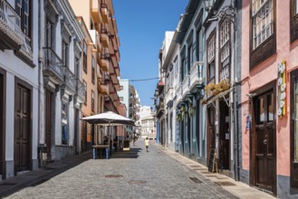 Santa Cruz de La Palma, Spain, August 13, 2021: Shopping street with stores and restaurants in the