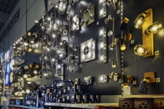 Wall in DIY store with various lights and spotlights, Bavaria, Germany