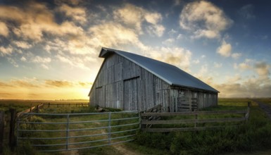 An Old Barn at Sunset, Panoramic Color Image, USA