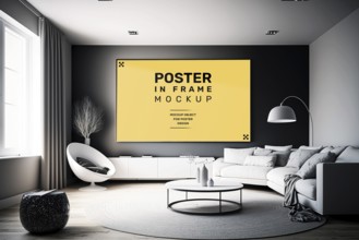 Modern room interior with mock-up photo frame on white walls. Black, gray and white furniture