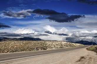 Wild thunderstorm and rain clouds over the Great Basin Highway US 93, between Ely and Baker,