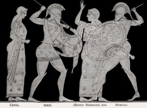 Achilles and Memnon fighting, Trojan War, Attic red-figure krater, Greek mythology
