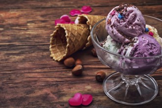 Fruit ice cream in bowl.the image is tinted in vintage style.Shallow DOF
