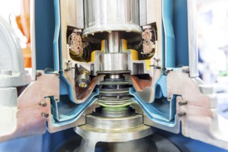 Inside view of a real model of a sliced water turbine. Rotor. A water turbine is a rotary machine