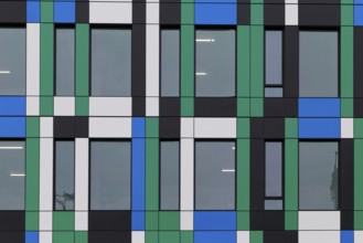 Colourful facade on modern architecture, Montreal, Province of Quebec, Canada