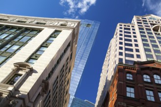 Skyward evening view of Boston skyscrapers, Massachusetts, USA