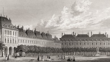 The Place des Vosges, Paris, antique steel engraved print, 1831