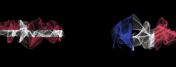 Flags of Denmark and France on Black background, Denmark vs France Smoke Flags