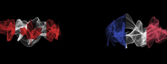 Flags of Canada and France on Black background, Canada vs France Smoke Flags