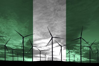 Nigeria flag wind farm at sunset, sustainable development, renewable energy Wind Turbines