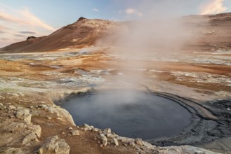 Boiling mudpots in Hverir geothermal area in Myvatn region, North of Iceland