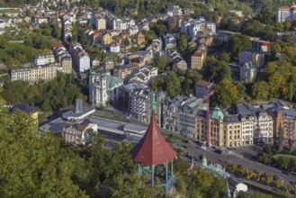 View of Karlovy Vary city center from hill, Czech republic