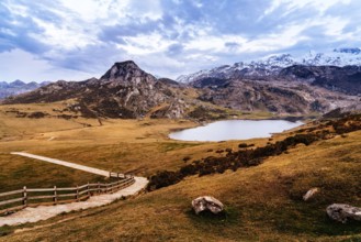 View of lakes of Covadonga sunset. Ercina Lake
