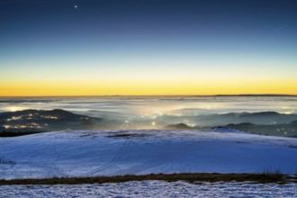 View from the Wasserkuppe at night, fog, Rhön, Hesse, Germany