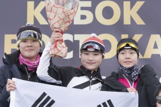South Korea team of sportswoman biathletes during award ceremony Junior biathlon competitions East