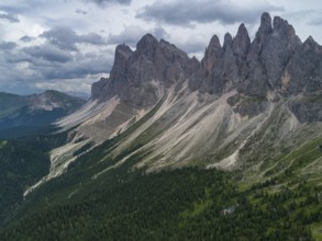 Aerial Drone photo of Santa Magdalena St Maddalena Val di Funes in Dolomites Italian Alps with