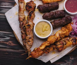 Assorted grilled meats on top view