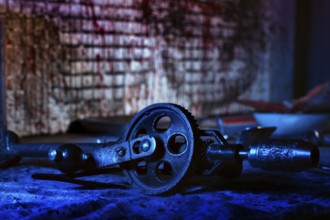 A creepy room with bloodstained walls and medical instruments. The basement of a homicidal maniac