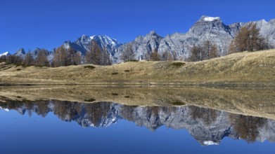 Majestic mountain landscape reflected in the calm lake under a clear sky, Pizzo Cornera 3083 m,