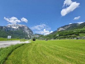 Summer austrian landscape with green meadows and Grimming mountain (2.351 m), an isolated peak in