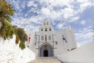 Staircase, white church, bell tower, Pyrgos, island of Santorini, Cyclades, Greece