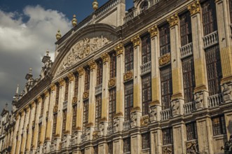 Close-up of the rich and elegant decoration on the historic buildings at Grand Place of Brussels.