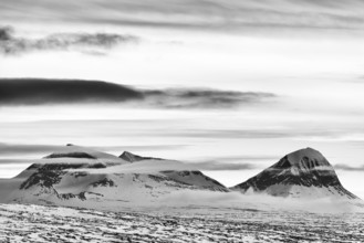 View of peaks in Sarek National Park, Laponia World Heritage Site, Norrbotten, Lapland, Sweden, May