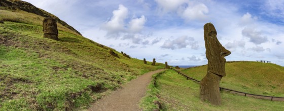 Moai on Ranu Raraku Volcan. Ester Island Landscape