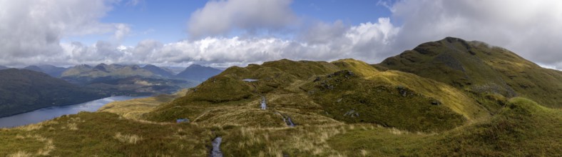 Panorama on the summit path to Ben Lomond with mountain lake, Loch Lomond and the Trossachs