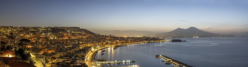 Panorama of Naples with the Gulf and the famous Mount Vesuvius in front of sunrise