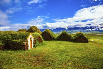 Ethnographic Museum-estate Glaumbaer, Iceland. The picturesque village of old houses covered with