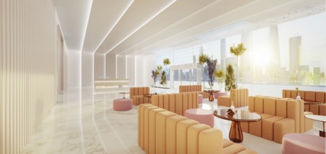 Interior of modern entrance hall in modern office building with reception counter and waiting area
