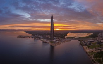 SAINT-PETERSBURG, RUSSIA, JUNE 20, 2019: Lakhta Center Tower Silhouette at Sunset. Aerial View.