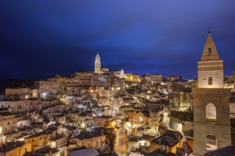 The medieval old town centre of Matera in southern Italy by night