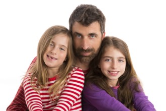 Happy family beard father and two kid daughters blue eyes on white background