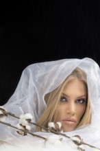 Blonde Make up Model Beauty Makeup, White Fabric Background