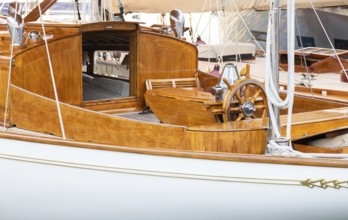 Luxury yacht. Comfortable expensive wooden design and furniture for holiday recreation tourism or