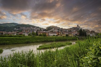 Beautiful old historic mountain village in the evening. Town panorama at sunset Polla, Italy