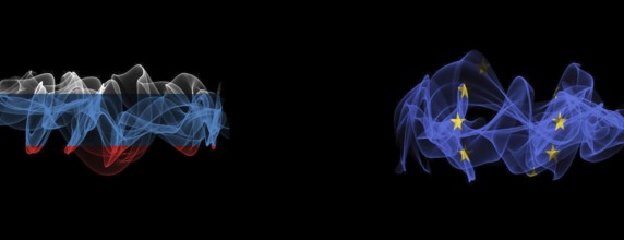 Flags of Russia and EU on Black background, Russia vs Europe Union Smoke Flags