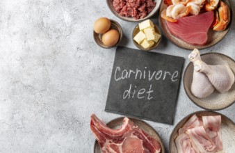 Food, Selection food for CARNIVORE DIET. Seafood, Meat, megs and fat. Zero carbs diet concept