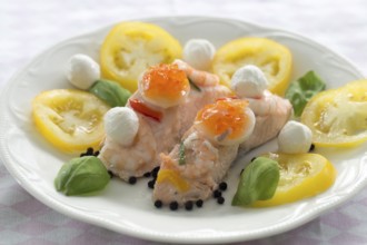 Porched salmon with yellow brandywine tomatoes
